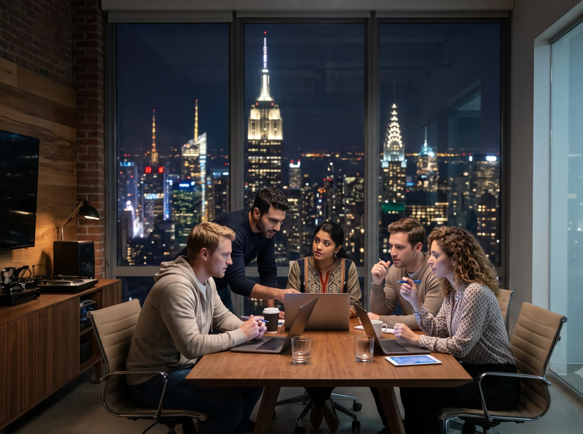 A startup team meeting in the evening around a table against the New York skyline