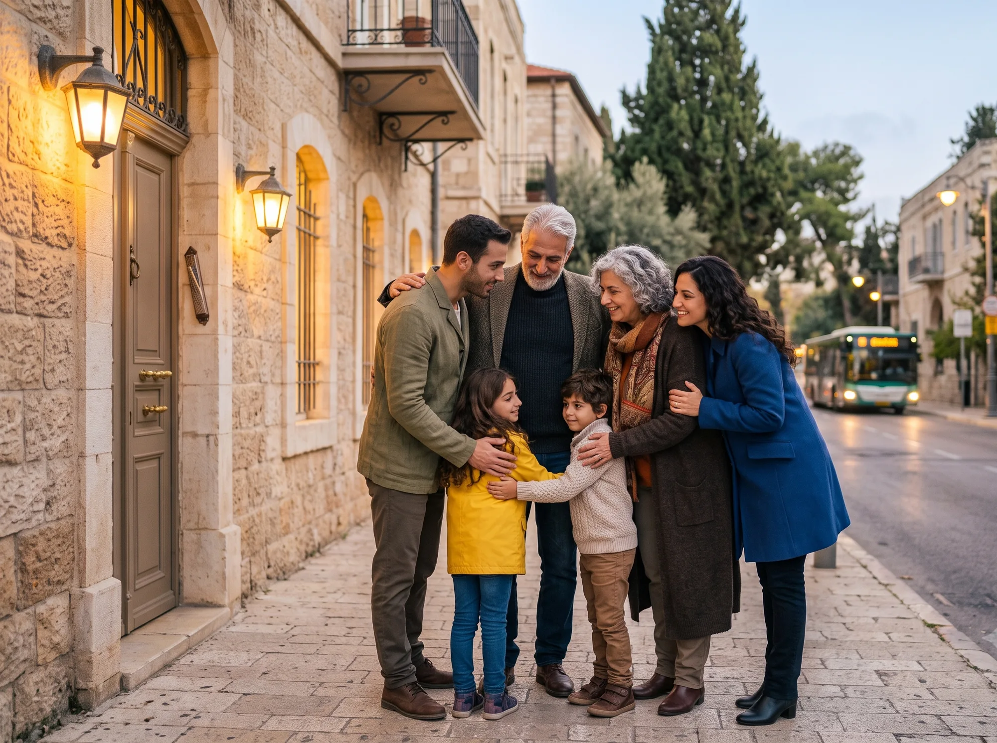 A multi-generational family embracing on a European street