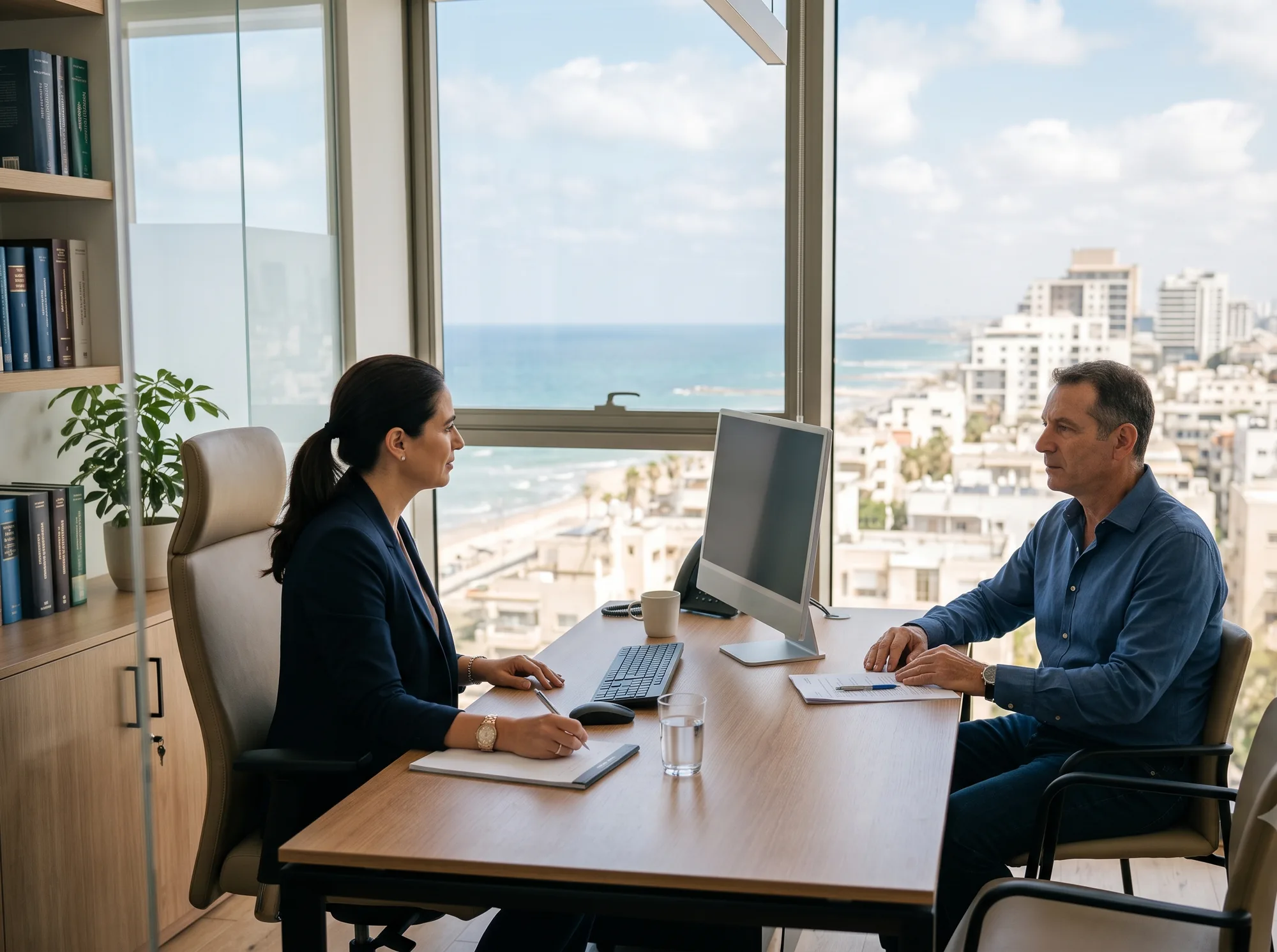 עורכת דין ולקוח בפגישת ייעוץ במשרד עם נוף לים ולקו הרקיע של תל אביב - זכויות תושב חוזר בביטוח לאומי